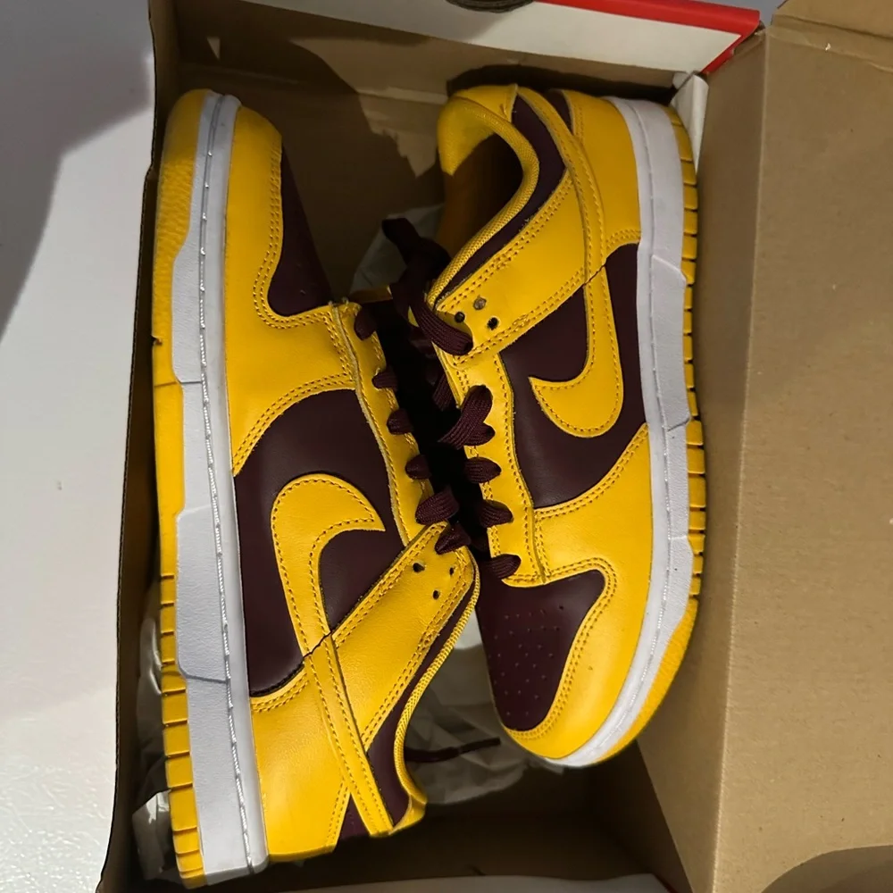 Nike Dunk Low-Top Sneakers in Yellow and Maroon - Picture 1 of 5